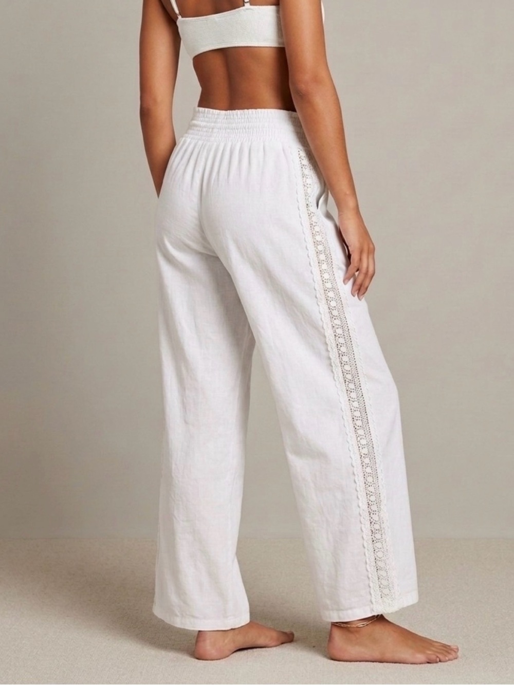 Women's White Wide-Leg Linen Pants with Crochet Side Trim